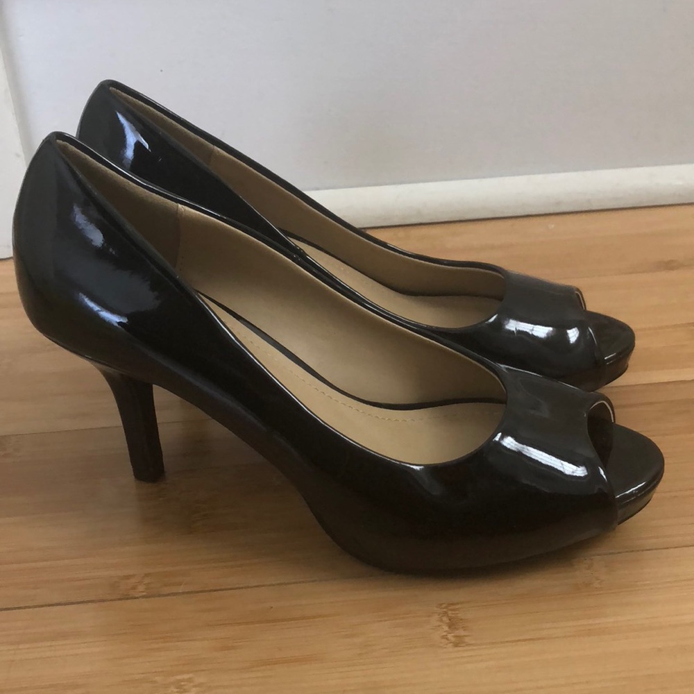 Shiny, Black, Open Toed Heels